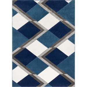 Good Vibes Nora Blue Modern Geometric Stripes and Boxes 7 ft. 10 in. x 9 ft. 10 in. Area Rug