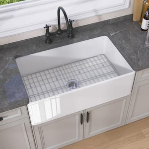 White Fireclay 33 " Single Bowl Farmhouse Apron Kitchen Sink with Bottom Grid and Basket Strainer