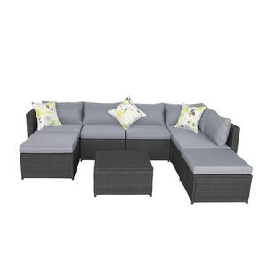 Black 7-Piece Cushioned Wicker Outdoor Patio PE Rattan Furniture Set Sectional Garden Sofa with Grey Cushion