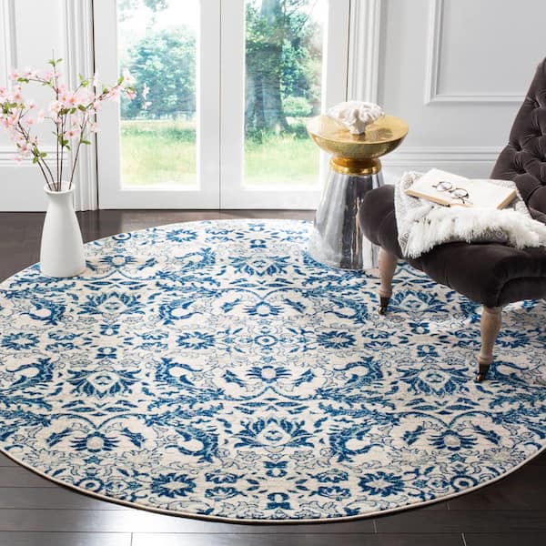 Evoke Ivory/Blue 7 ft. x 7 ft. Round Floral Area Rug