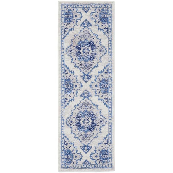 Nourison Whimsical Ivory Blue 2 ft. x 8 ft. Center Medallion Traditional Kitchen Runner Area Rug