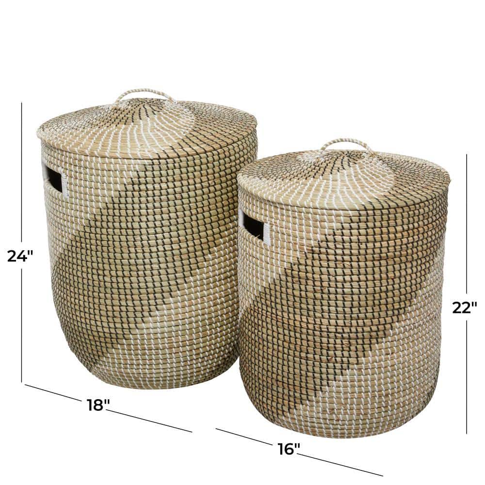 Handmade Two-Toned Seagrass Round Storage Baskets with Lids