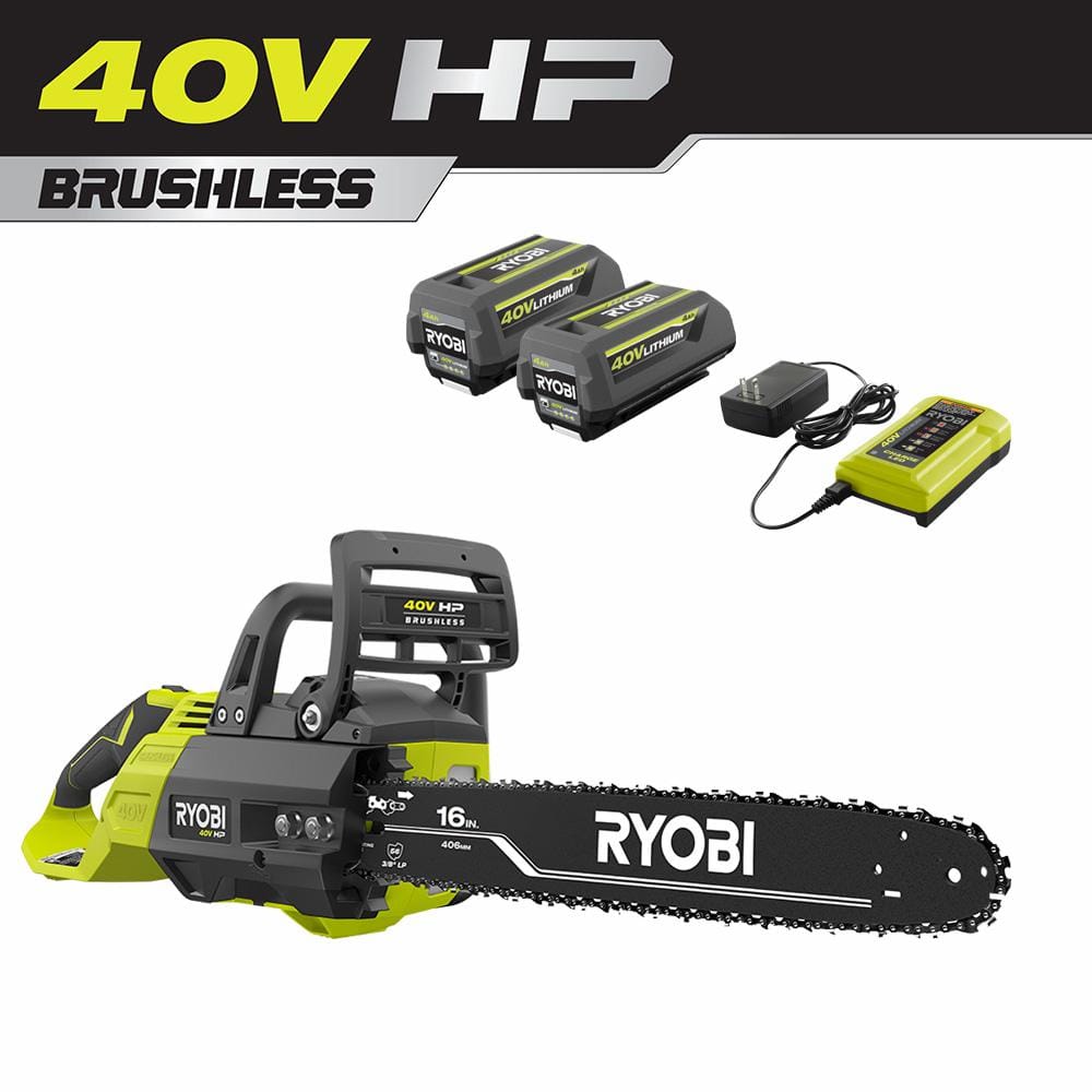 RYOBI 40V HP Brushless 16 in. Battery Chainsaw with (2) 4.0 Ah Batteries and (1) Charger -  RY40550-2B