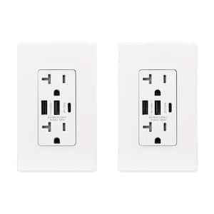30-Watt 20 Amp 3-Port Type C and Dual Type A USB Duplex Wall Outlet, Wall Plate Included, White (2-Pack)