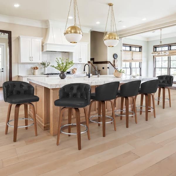 Wei 35 in.  Height Black Faux Leather Counter Height Solid Wood Leg Swivel Bar stool (Set of 6)