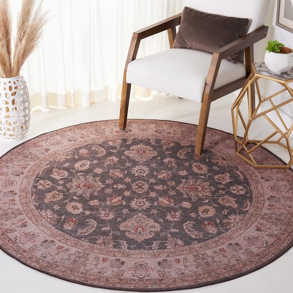 Tucson Dark Gray/Beige 6 ft. x 6 ft. Machine Washable Border Floral Round Area Rug