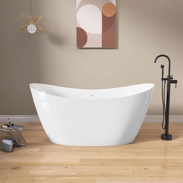 63 in. x 37.5 in. Free Standing Deep Soaking Double Slipper Alone Bath Tub Oval Acrylic Freestanding Bathtubs in White