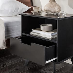 1-Drawer Black Wood Mid-Century Modern Nightstand with Cubby, Set of 2