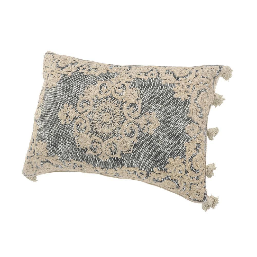 Gray and Beige Embroidered Rectangular Lumbar Pillow