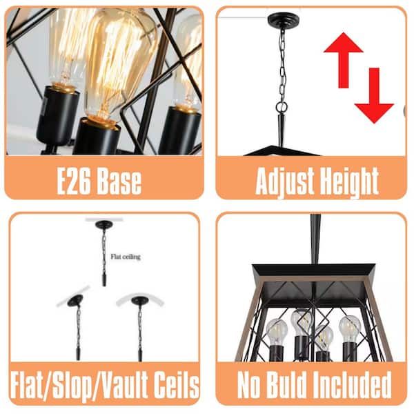 4-Light Farmhouse Chandelier Pendant Vintage Antique Light Fixture for Kitchen Dining Room Living Room in Walnut