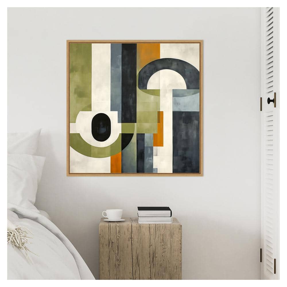 Sage Green and Orange Geometric Abstract Framed Canvas Wall Art 30"x30"