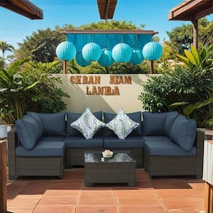 Brown 7-Piece Wicker Outdoor Sectional Set with Dark Blue Cushions, Two Pillows and Coffee Table