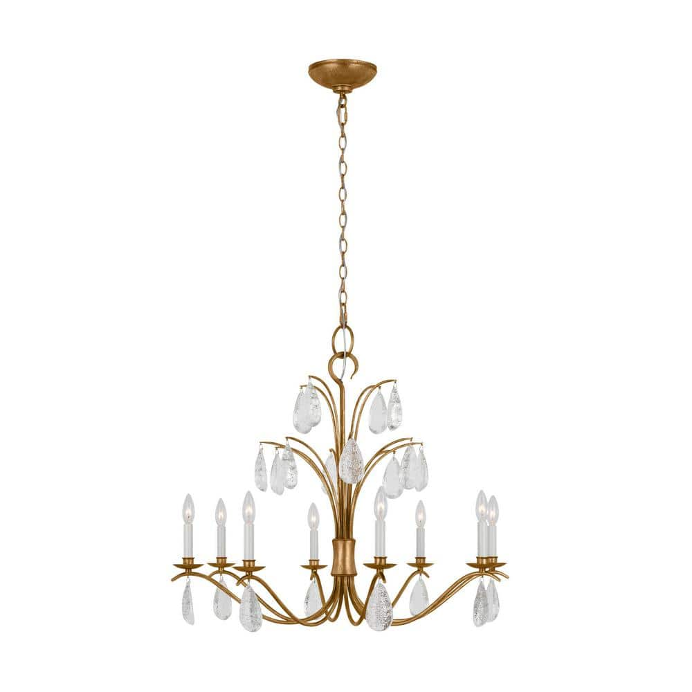 Shannon 32.625 in. W x 28.5 in. H 8-Light Antique Gild Indoor Dimmable Large Chandelier with Glass Crystal Drops