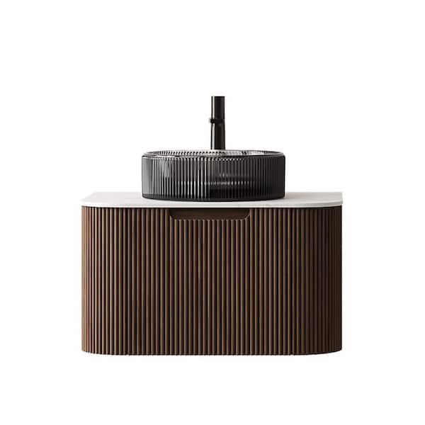 24 in. Wall-Mounted Walnut Bath Vanity with Carrara White Solid Surface Top Pre-Assembled
