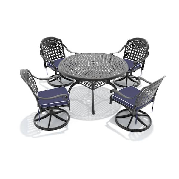 5-Piece Black Cast Aluminum Patio Outdoor Dining Set with Round Table and 4 Swivel Chairs with Blue Cushions