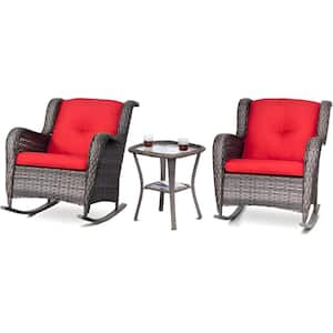 3-Piece Wicker Outdoor Rocking Chair Set of 2 and Matching Side Table with Premium Red Fabric Cushions