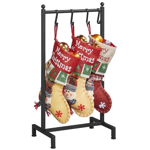 17 in. x 15.8 in. x 32.7 in. Metal Free Standing Christmas Stocking Holder, Stocking Rack with 4 Removable Hooks, Black
