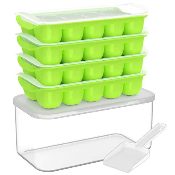 Space Saving Stackable Green Square Ice Cube Tray Set with Lid Storage Bin Scoop for Compact Freezer