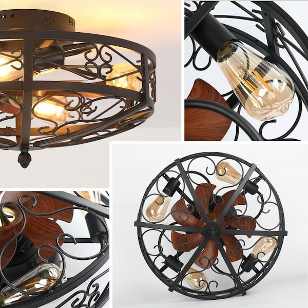 TOZING 20 in. Indoor Black 4-Light Industrial Metal Caged Flush
