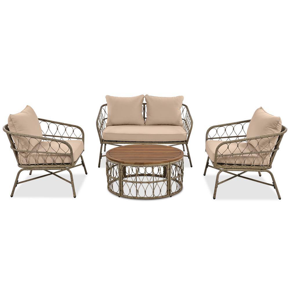 4-Piece Beige Wicker Patio Set with Brown Wood Table