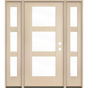 BRIGHTON Modern 64 in. x 80 in. 3-Lite Left-Hand/Inswing Clear Glass Unfinished Fiberglass Prehung Front Door w/DSL