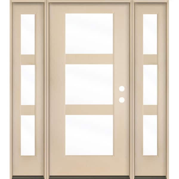 Krosswood Doors BRIGHTON Modern 64 in. x 80 in. 3-Lite Left-Hand/Inswing Clear Glass Unfinished Fiberglass Prehung Front Door w/DSL