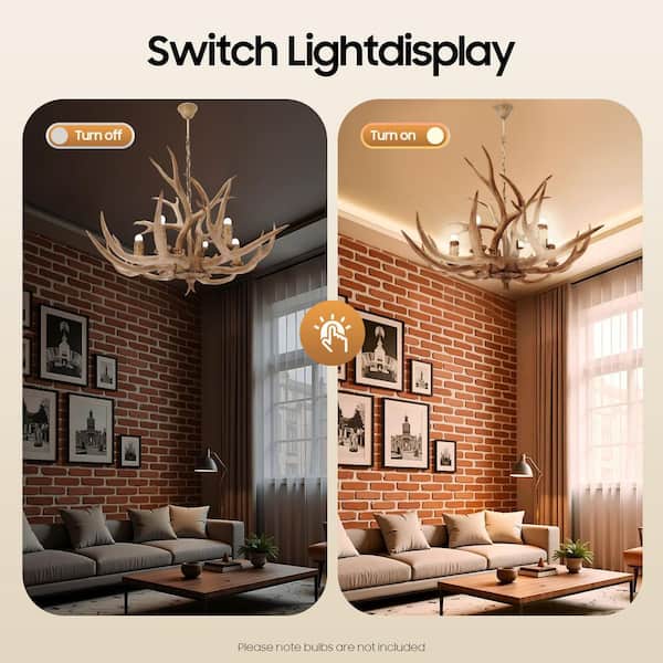 Antler ペンダントライト OUKANING 6-Light Vintage Brown Resin Antler Chandelier Deer