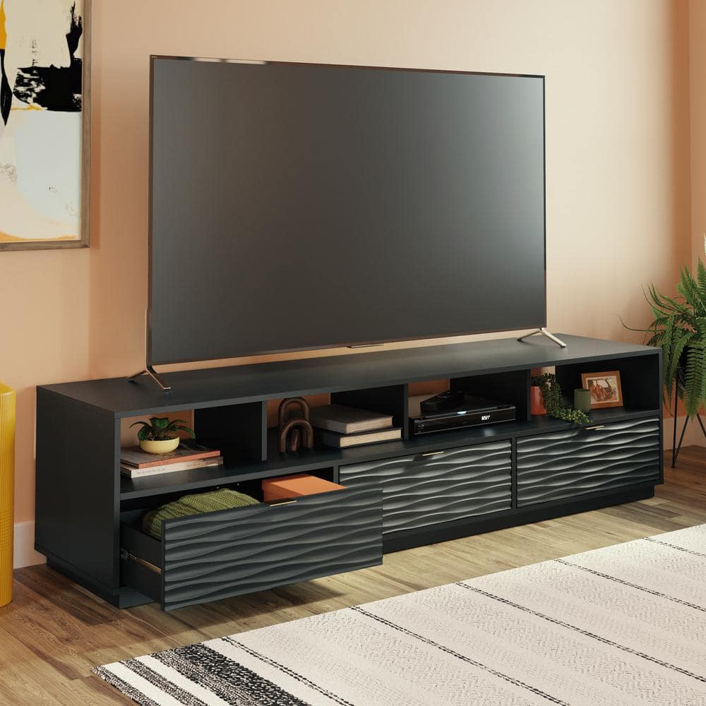 Sauder Morgan Main 85" Black Entertainment Credenza with Wave-Pattern Drawers
