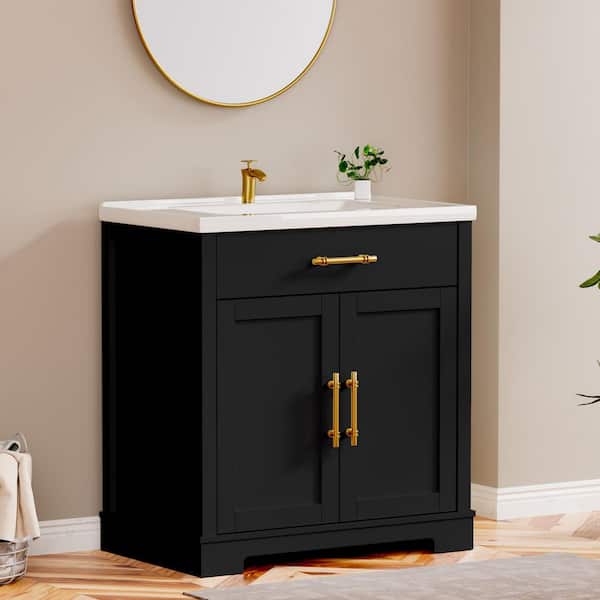 30 in. Black Wood Freestanding Bathroom vanity with White Ceramic Sink
