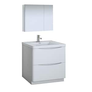 Tuscany 32 in. Modern Bathroom Vanity in Glossy White with Vanity Top in White with White Basin, Medicine Cabinet