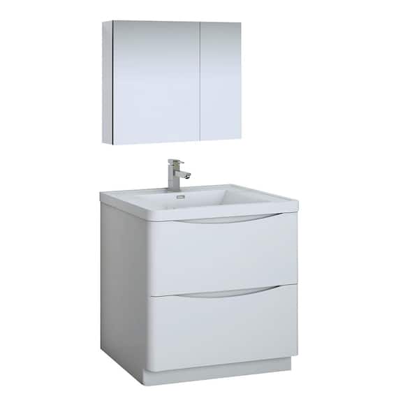 Fresca Tuscany 32 in. Modern Bathroom Vanity in Glossy White with Vanity Top in White with White Basin, Medicine Cabinet