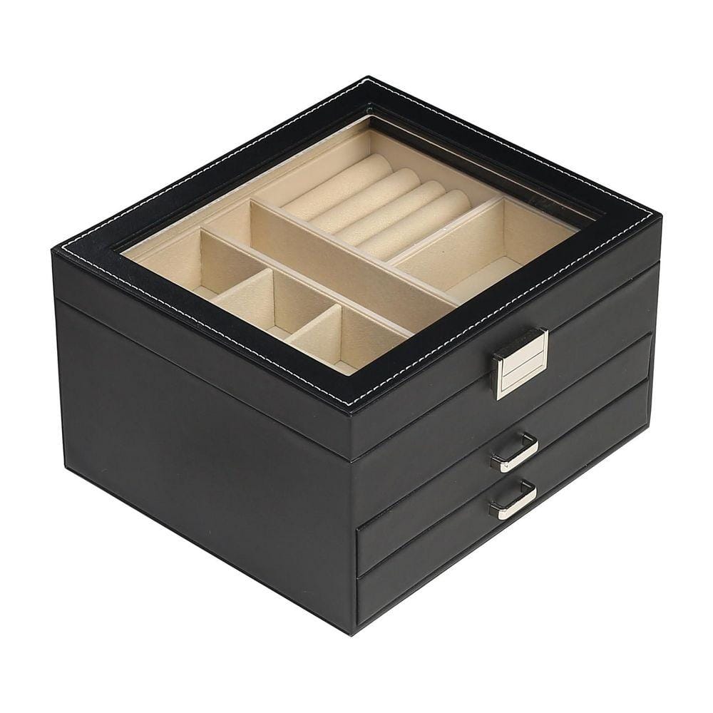Black 3 Layers Rectangular Clear Lid Jewelry Box with 2 Drawers