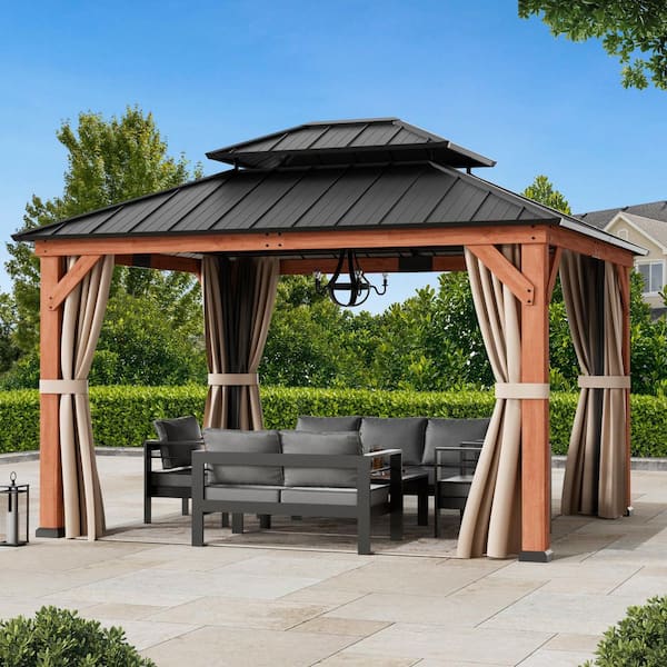 Ultra Series Wood Gazebo 11 ft. x 13 ft. Cedar Framed Gazebo with Double Galvanized Steel Roof, Netting and Curtains
