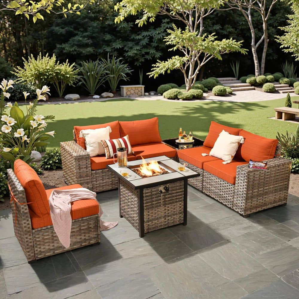Baldwin Gray 7-Piece Wicker Wide Arm Outdoor Patio Sofa Sectional Set with Square Fire Pit and Orange Red Cushions price history on PriceWatchPro