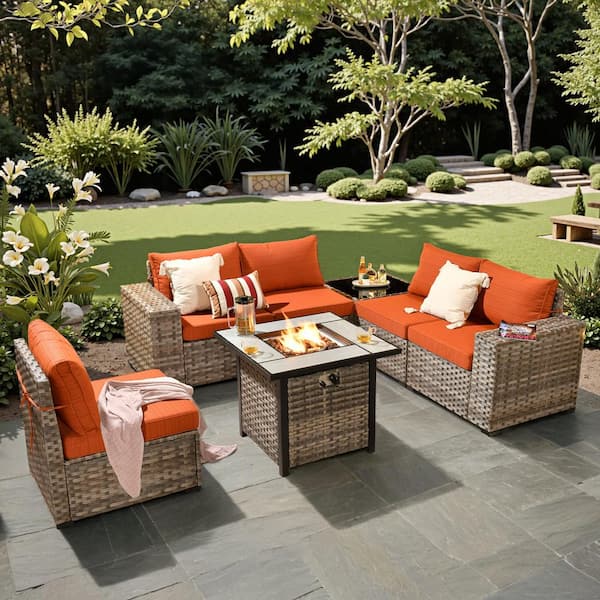Baldwin Gray 7-Piece Wicker Wide Arm Outdoor Patio Sofa Sectional Set with Square Fire Pit and Orange Red Cushions