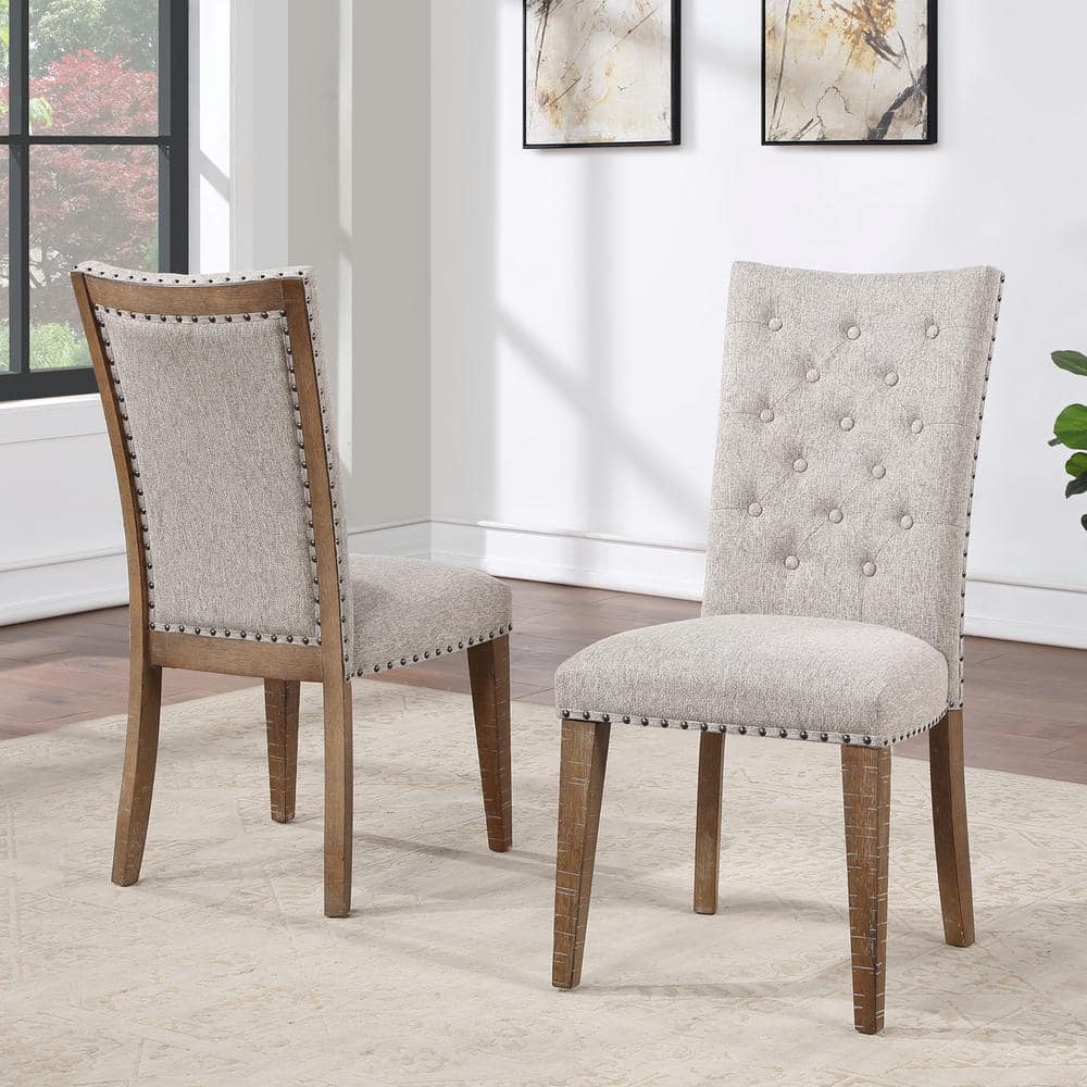 Oatmeal Upholstered Button Tufted Side Chair with Wood Legs
