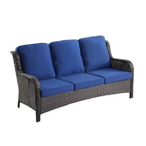 Oreille Brown 9-Piece Wicker Outdoor Firepit Patio Conversation Sofa Set with Swivel Rockers and Navy Blue Cushions