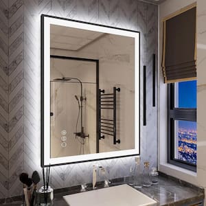 28 in. W x 36 in. H Rectangular Framed Front and Back LED Lighted Anti-Fog Wall Bathroom Vanity Mirror in Tempered Glass