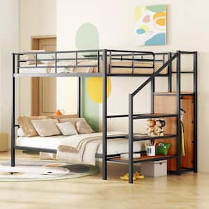 Black Full over Full Metal Bunk Bed with Wood Lateral Storage Staircase and Built-in Wardrobe