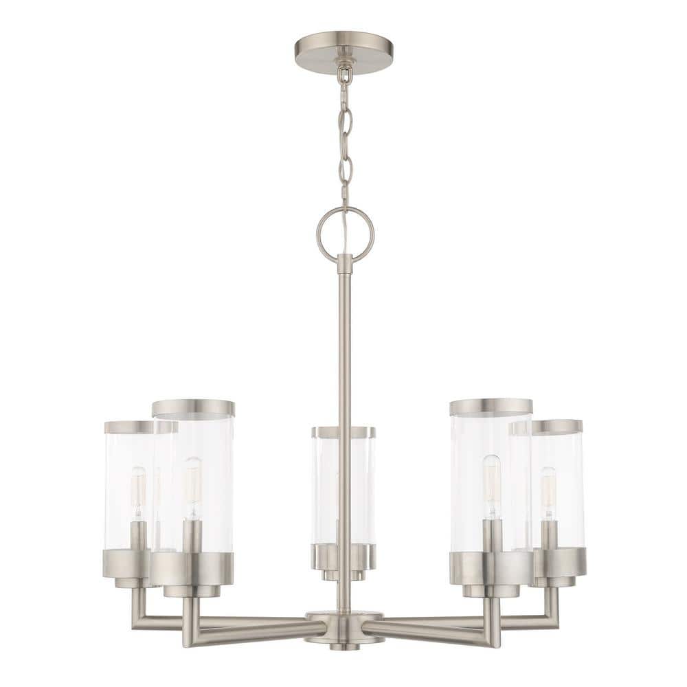 Brushed Nickel 5-Light Outdoor Chandelier with Clear Glass Shades