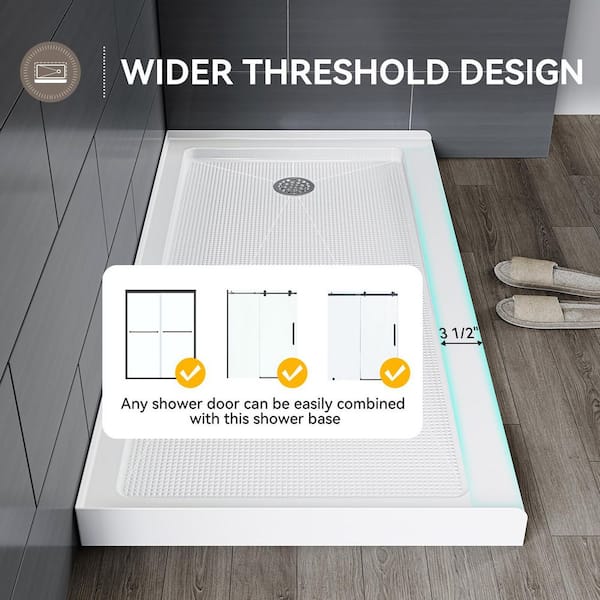 60 in. L x 30 in. W Alcove Shower Pan Base with Right Drain in High Gloss White
