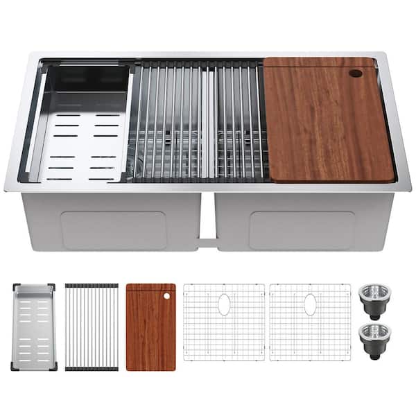 VEVOR Kitchen Sink 304 Stainless Steel Drop-in Sinks 33 in. Undermount Double Bowls Basin with Ledge and Accessories