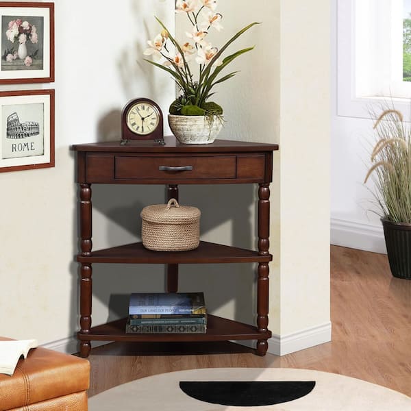 34in. Light Espresso Triangle Wood Console Table with 3-Tier Shelves and Solid Wood Legs