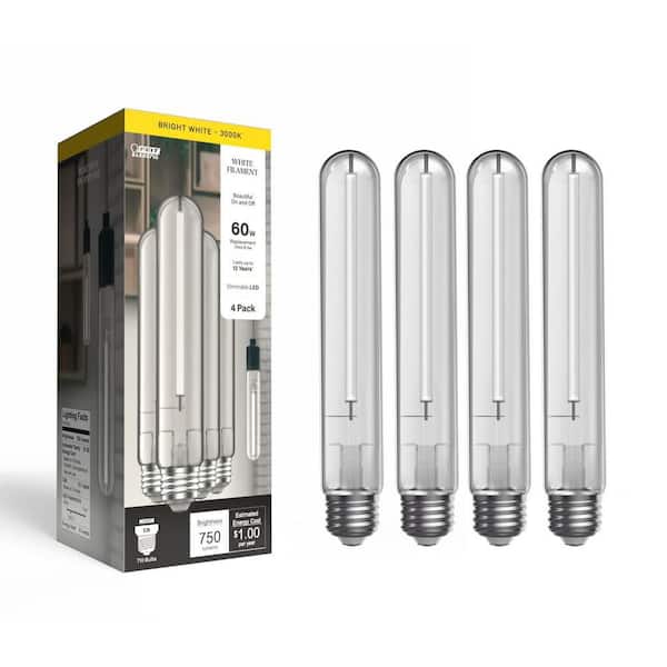 60W Equivalent T10L Dimmable Straight White Filament Clear E26 Vintage Edison LED Light Bulb Bright White 3000K (4-Pack)