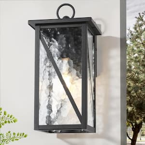 Modern 1-Light Textured Black Outdoor Wall Lantern 13 in. H Rectangle Outdoor Wall Light with Water Glass Shade