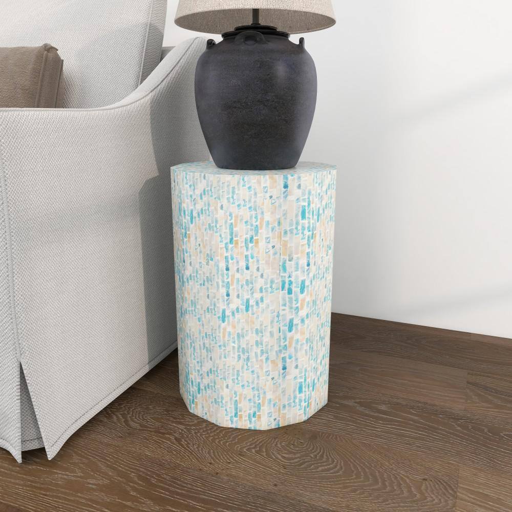 Elegant Blue Mother of Pearl 13" Round Wood Accent Table