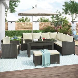 6-Piece Gray PE Rattan Wicker Outdoor Conversation Sectional, Dining Table Chair with Bench and Beige Cushions