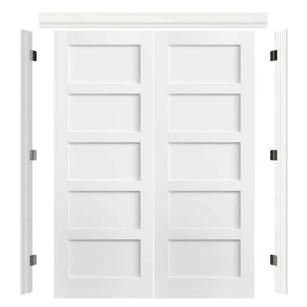 60 in. x 80 in. 5 Panel Core White Primed Solid Core Pine Wood Double Pre-Hung French Door with Quick Assemble Jamb