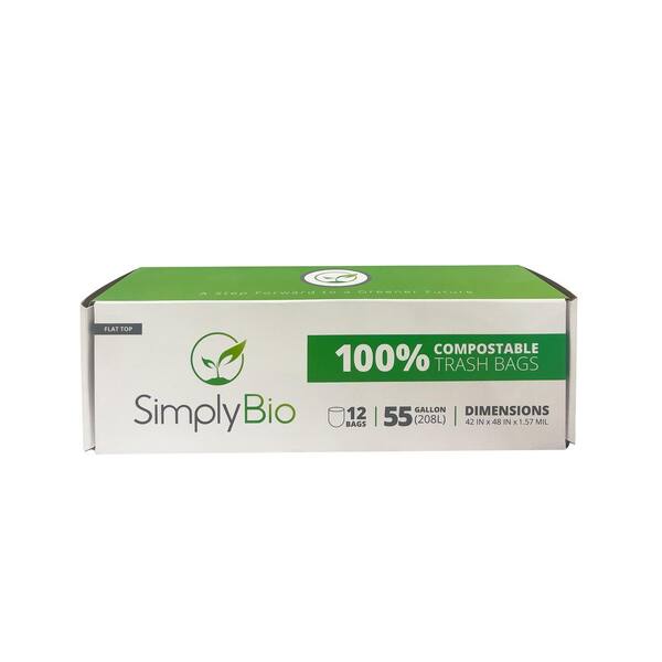 Simply Bio 55 Gallon Compostable Trash Bag with Flat Top, 12 Count