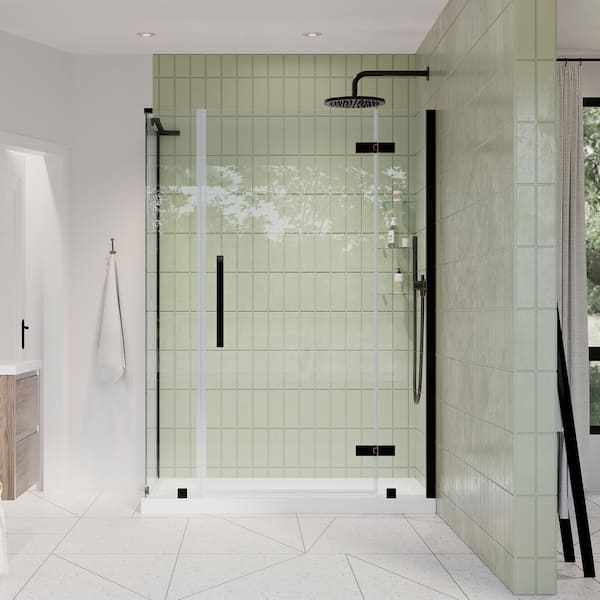OVE Decors Tampa 48 in. L x 36 in. W x 75 in. H Corner Shower Kit w/ Pivot Frameless Shower Door in ORB w/Shelves and Shower Pan